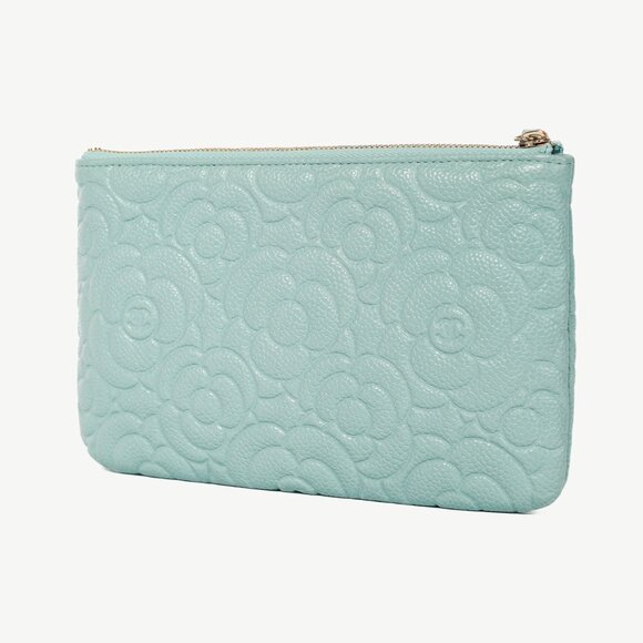 Chanel Light Blue Caviar Camellia-Embossed Small O-Case - Picture 3 of 12